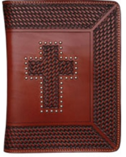 3D Belt Company BI121 Brown Bible Cover with Tooled Cross and Studs